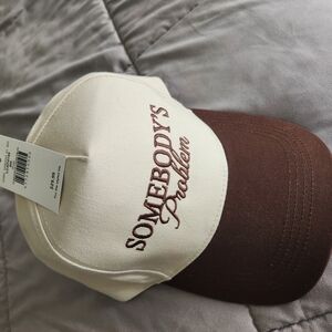 Cream and Brown Cap with Embroidered Text